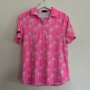 Sunday Swagger Women's Pink Palm Tree Golf Polo Shirt Size Medium M Button Up